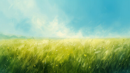 Fototapeta na wymiar A serene digital painting of a sunlit, vibrant green meadow under a clear blue sky, ideal for concepts related to spring or nature