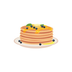 Plate of pancakes with butter, syrup and berries, vector illustration isolated.