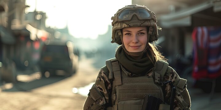 Friendly female soldier on battlefield - army and military concept