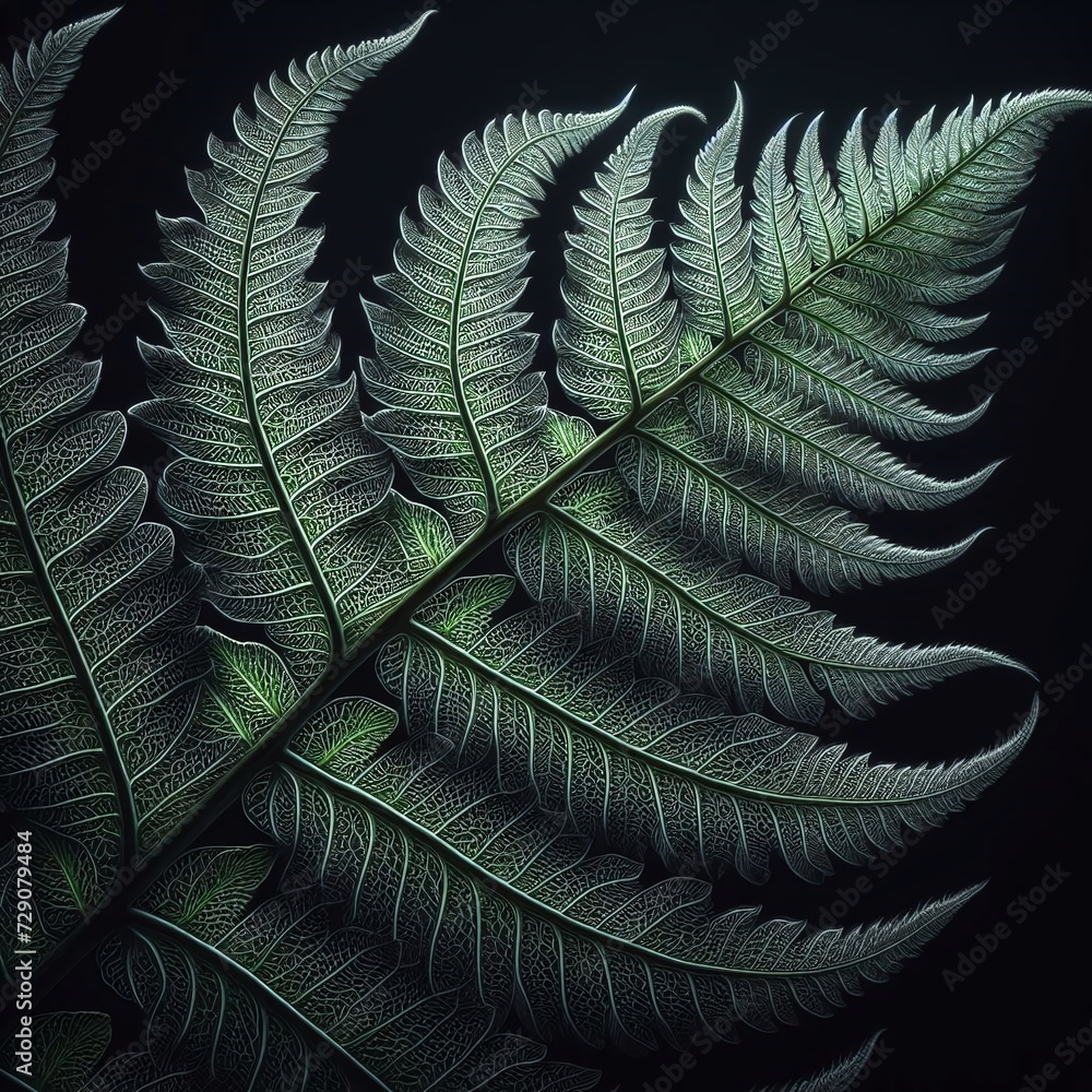 Poster fern leaf on dark background. fantasy fractal texture. digital art. 3d rendering.