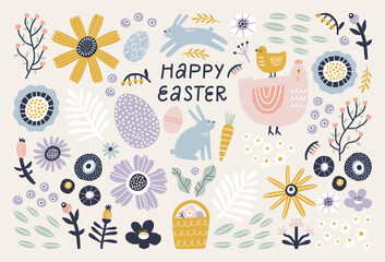 Set of Easter design elements. Eggs, basket, chicken, rabbit, flowers and branches. Perfect for holiday decoration and spring greeting cards. - obrazy, fototapety, plakaty