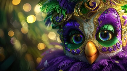Mardi Gras concept with jester in green  purple, and gold on solid background with copy space. 