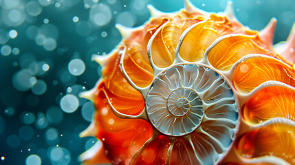 Intricate sea shell with a spiral pattern, displaying the beauty of natures symmetry and design in a vibrant underwater environment - obrazy, fototapety, plakaty