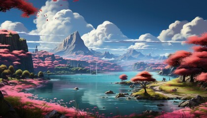 Fantasy Landscape with Pink Cherry Blossoms and Crystal Blue Lake Under Fluffy Clouds