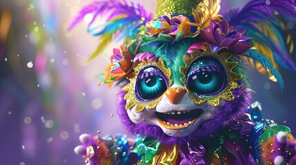Mardi Gras concept with jester in green  purple, and gold on solid background with copy space.  - obrazy, fototapety, plakaty