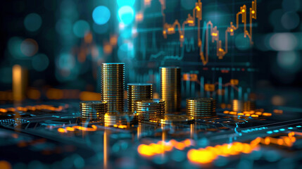 Close-up of increasing stacks of coins on paper with financial graphs, symbolizing growth and investment.
