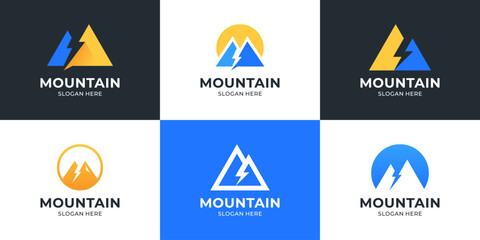 Set of a mountain with a lightning shape logo design