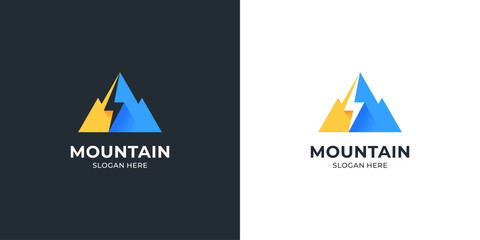 Simple mountain vector icon logo design. Abstract peak with negative space lightning shape.