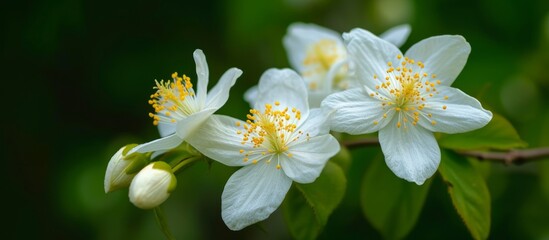 Fototapeta premium White flowers with yellow stamens on a green backdrop.