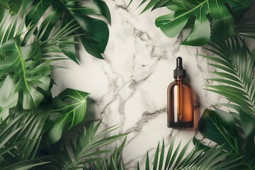 Herbal Elixir: Tincture Bottle on Marble with Botanical Surroundings - obrazy, fototapety, plakaty
