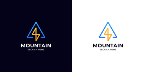 Linear peak mountain and lightning logo design template
