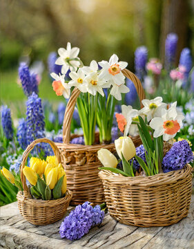 Fototapeta Spring decoration, tulips, daffodils, crocuses in wedge baskets on the background of a spring garden