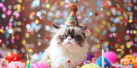 Happy birthday concept with grumpy cat wearing hat with party favors and confetti on colorful background and blank copy space