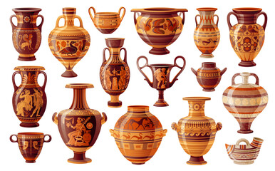 Old greek vases and amphorae, ancient pottery. Antique clay pots, jars for wine and vessels with classic roman mythology scenes. Ancient ceramic vases, greek pottery, vector cartoon illustration - obrazy, fototapety, plakaty