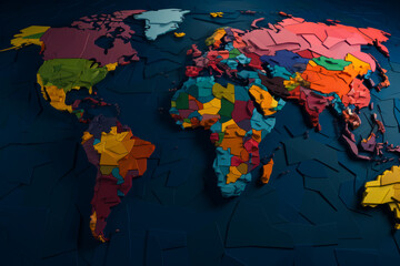 Colorful map of the world on dark background with blue background.