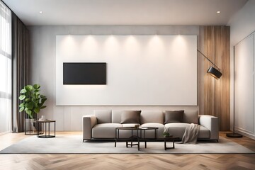 Fototapeta na wymiar A sleek, empty solid wall mockup in a contemporary living room with soft ambient lighting, showcasing its potential for custom artwork or design elements.