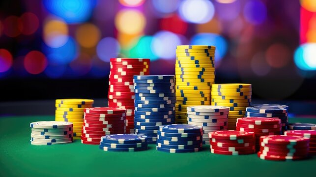 Gambling table chips on table lucky bet casino bokeh background