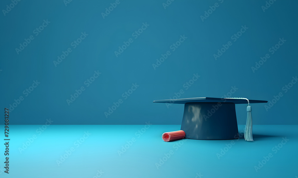 Wall mural Education and graduation concept. Graduation Cap on blue background. There is an area for entering text about take course, educate or study. - Wall murals