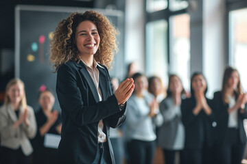Employee recognition with colleagues applauding and celebrating a standout team member Focus on the joy and appreciation in their expressions, businesswoman in suit clapping landscape portrait banner