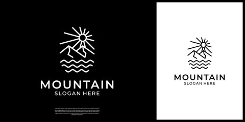 Minimalist mountain sun lake logo design template. Vector icon line art outdoor adventure travel logo. - obrazy, fototapety, plakaty