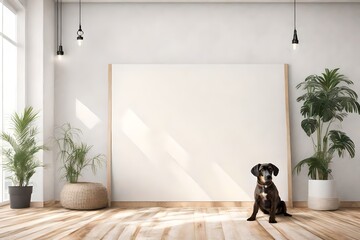 A high-quality image capturing an empty solid wall mockup in a pet-friendly space, inviting creative designs related to animals or pet care.