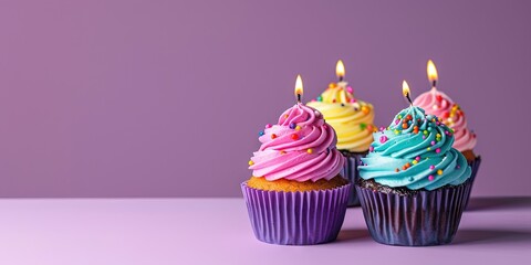 Happy birthday concept with cupcake and candle on solid colorful background