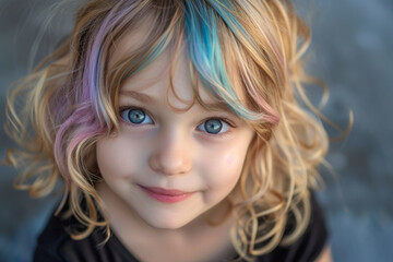 pretty multi-colored haired hairstyle child pose indoor smiling look at camera. Happy child in casual clothes. Positive little kid. girl looking at camera and smiling. Adorable six years old girl. - obrazy, fototapety, plakaty