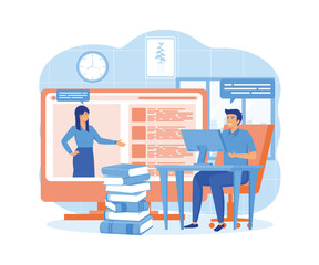  Online education, home schooling. Woman teacher on monitor screen. students in distance learning.  flat vector modern illustration  flat vector modern illustration 