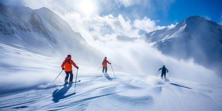 Skiers Enjoying the Snowy Mountain Peaks
