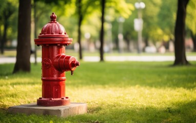 Fire safety. Red fire hydrant standing in park grass field sunlight - Powered by Adobe