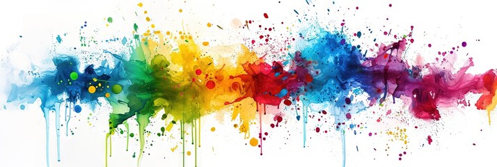 Colorful ink splatters on white background banner
