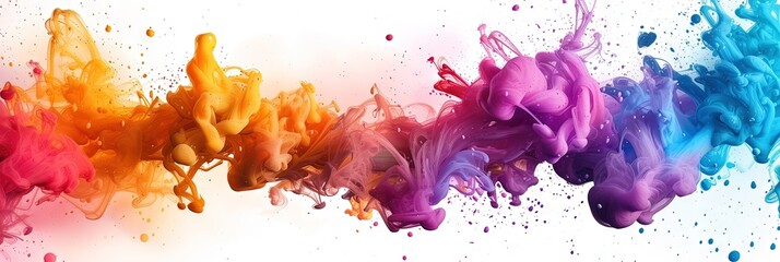 Colorful ink splatters on white background banner