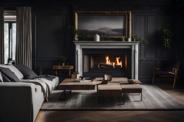 A cozy living room with a fireplace, where the wall mockup exhibits a series of black and white photographs in various sizes, capturing moments of everyday life.