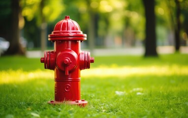 Fire safety. Red fire hydrant standing in park grass field sunlight