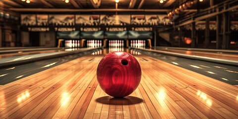 Bowling ball rolling down lane toward bowling pins in bowling alley