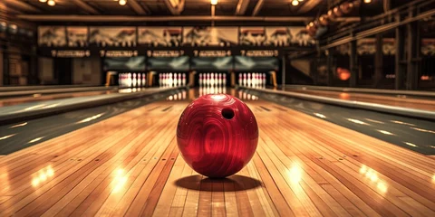 Foto op Canvas Bowling ball rolling down lane toward bowling pins in bowling alley © Brian