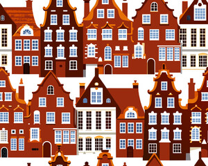 Building street seamless pattern. Layered european house with shadow background. Color flat cartoon architecture sign. Repeat ornament for paper wrap, fabric print, wallpaper decor Vector illustration