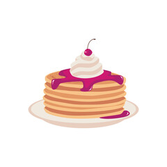 Stack of pancakes with jam fruit topping, whipped cream and cherry on a plate, vector delicious sweet baking food