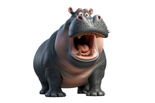 Animated hippopotamus with a wide-open mouth, looking excited.
