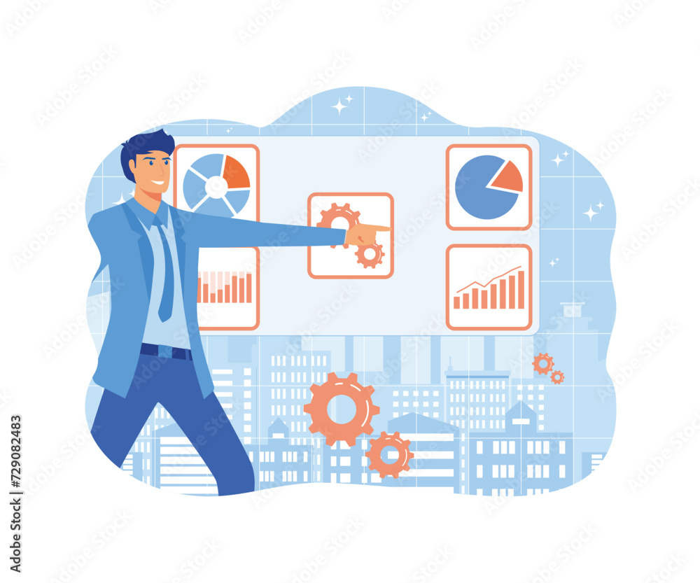 Poster data scientist looking and interacting with virtual dashboard to analyze data in charts and statisti