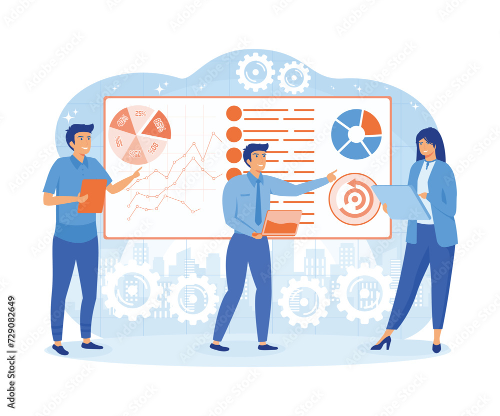 Poster big data science analysis concept. business team brainstorming and analyzing data analysis report. f