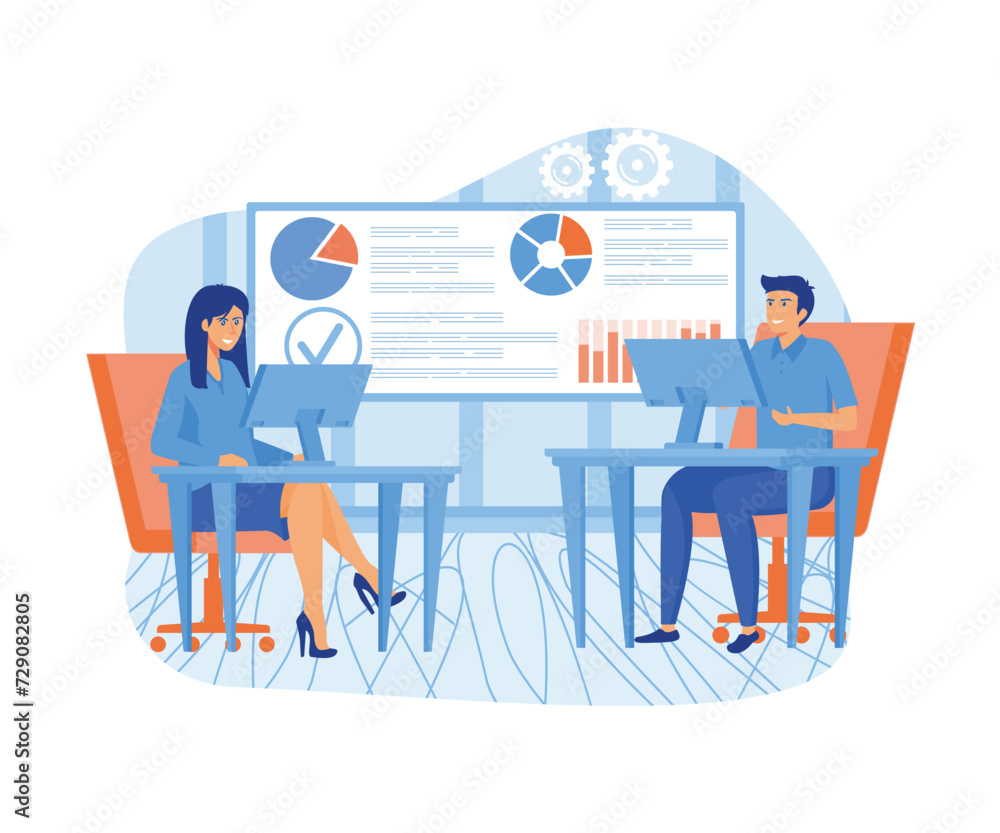 Poster big data analysis concept. professional team working together. data scientists, software engineer, s