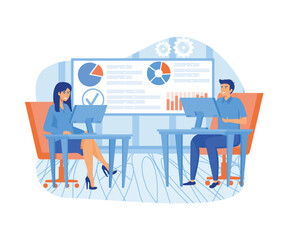 Big Data analysis concept. Professional team working together. Data scientists, software engineer, statistician, programmers, visualizer and analyst working on a project. flat vector modern illustrati