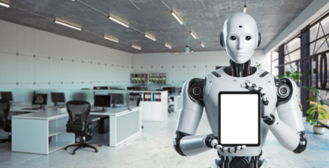 Robot showing tablet with isolated screen. Robot holding a tablet with a office in the background. Transparent Screen. Humanlike robot. Humanoid robot holding phone screen into the camera.