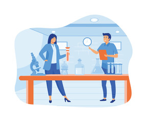 Scientists conducting scientific research, analysis and tests of vaccines.  flat vector modern illustration 
