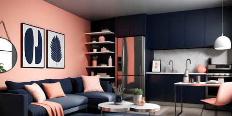 Metropolitan Charm: Modern Studio Apartment with Loft Layout, Showcasing Muted Coral, Deep Navy, and Metallic Silver Shades - Urban Style