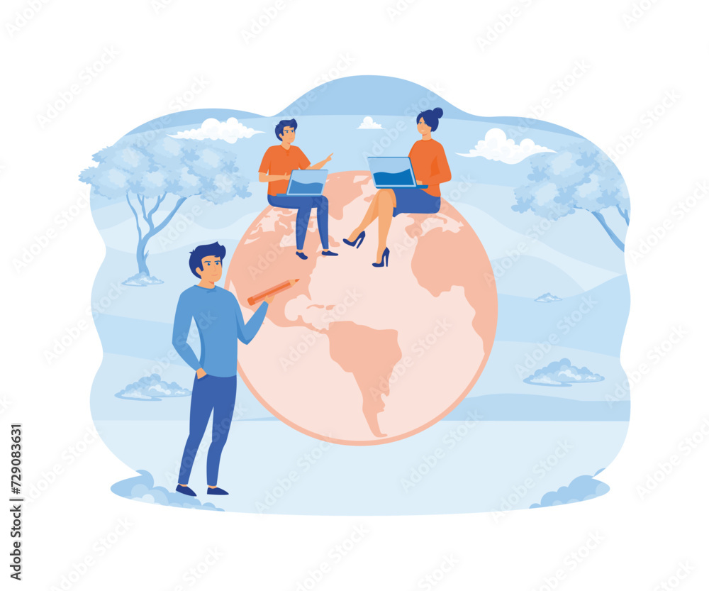Poster work from anywhere around the world. business people sitting around world map on globe working with 