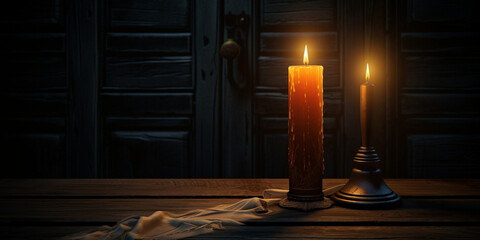 Faint light of a burning candle in the dark candlelight wallpaper background