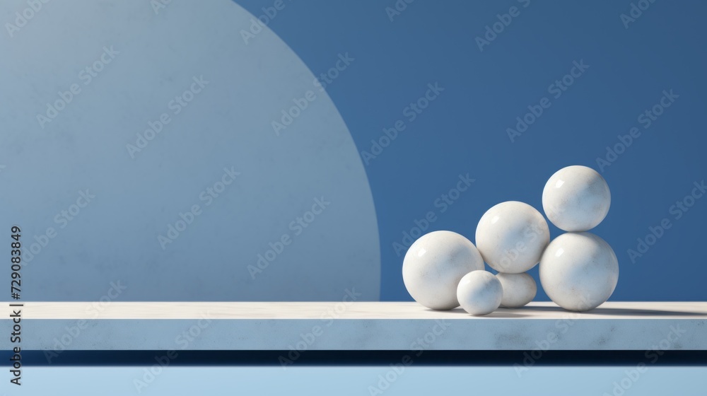 Poster Close-up of a minimalistic white marble podium with spheres on a blue background for product display presentation copy space.