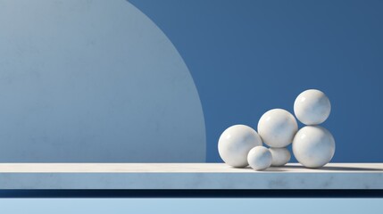 Close-up of a minimalistic white marble podium with spheres on a blue background for product display presentation copy space.